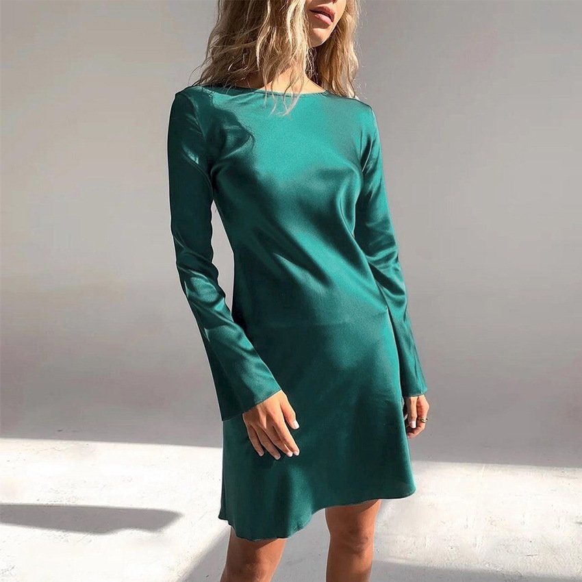 Bell-Sleeve Satin Dress - Image 5